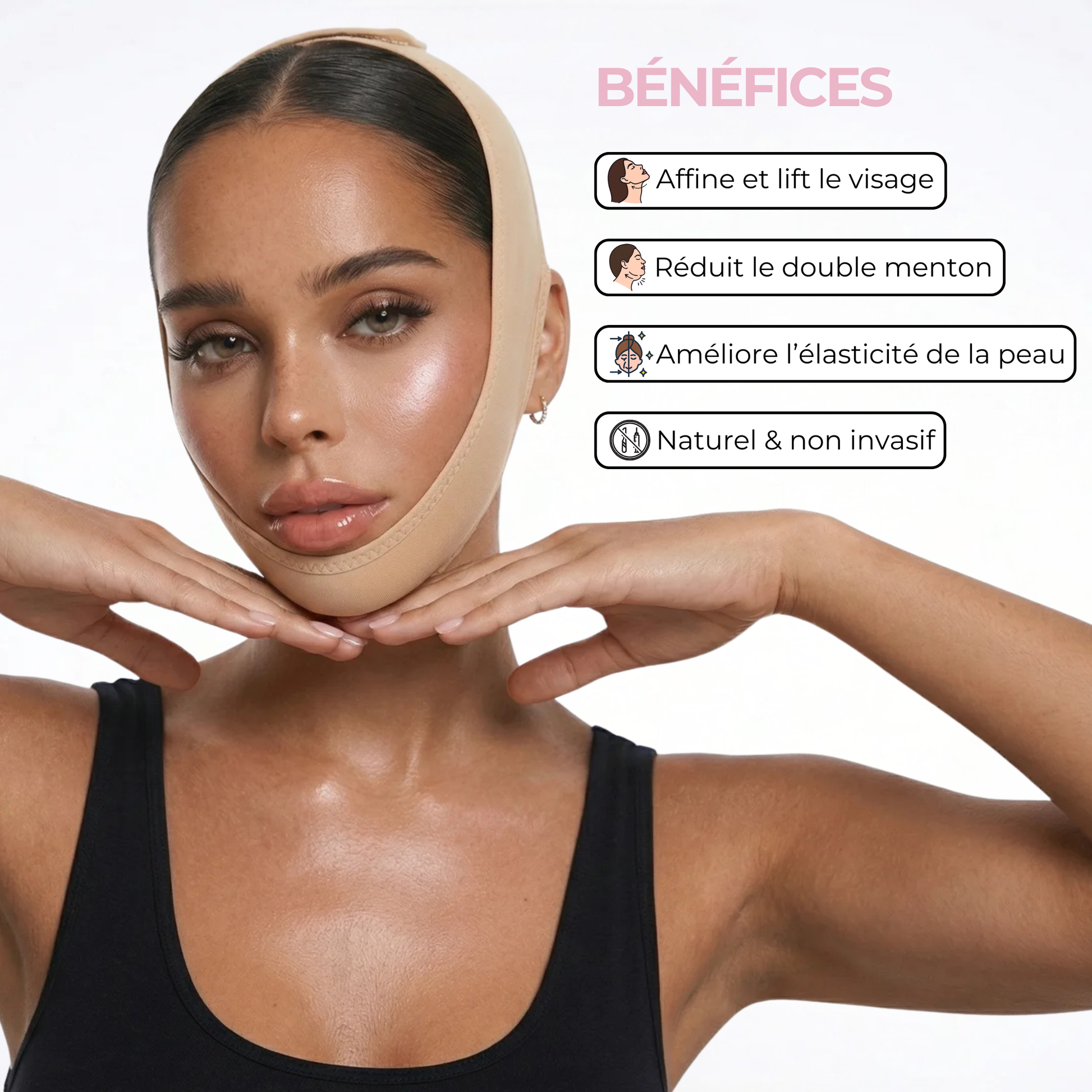 Femme portant la gaine SweetLifty avec les principaux bénéfices : affiner l'ovale du visage, réduire l'apparence du double menton, améliorer l'élasticité de la peau et solution non invasive.