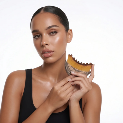 Modèle présentant la brosse lymphatique SweetLifty, un accessoire de massage facial conçu pour stimuler le drainage lymphatique, réduire les gonflements et redessiner les contours du visage.