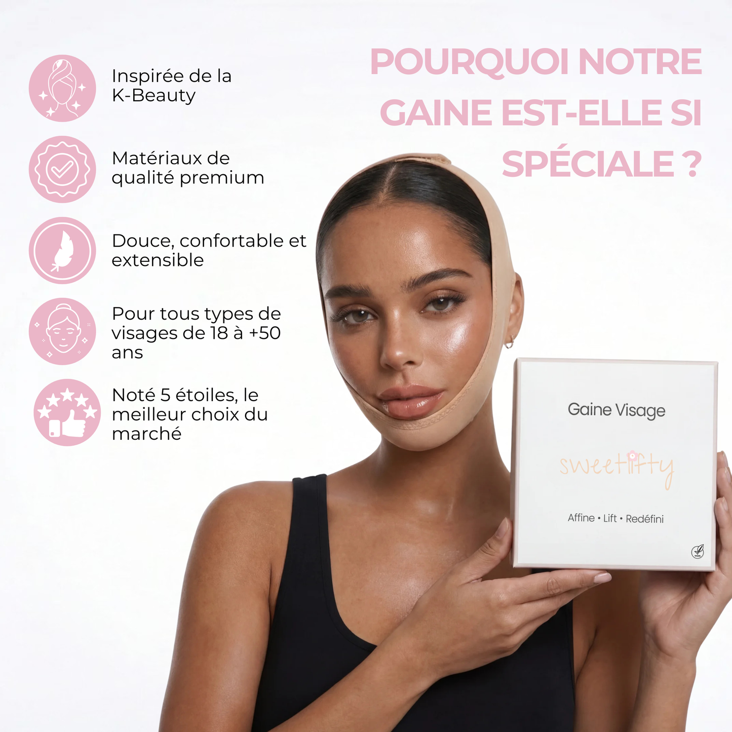 Femme portant la gaine SweetLifty avec présentation des principaux avantages : matériaux premium, confort, élasticité et adaptation à tous les types de visages.