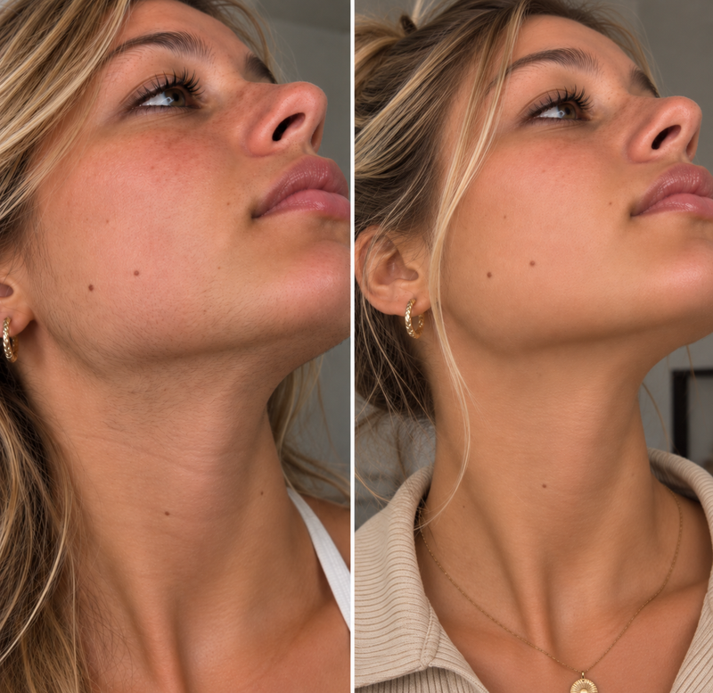 Comparaison avant/après du visage d'une femme blonde, illustrant une pilosité visible sur le menton et le cou avant, puis une peau plus lisse, sans poils apparents