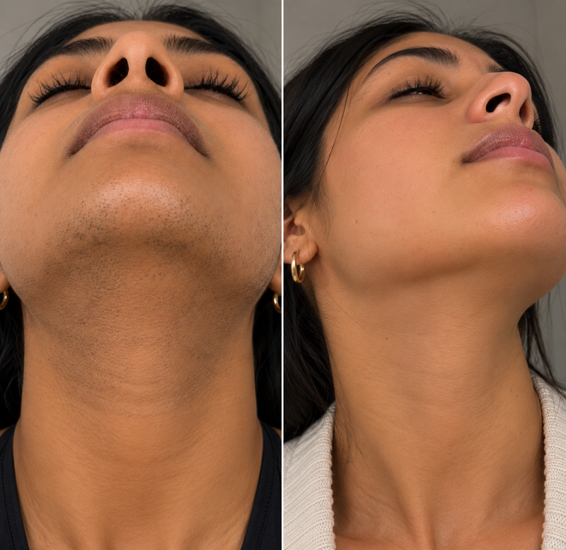 Résultat avant/après d'une cliente SweetLifty : comparaison du menton et du cou avec une pilosité visible avant et une peau plus lisse, sans poils apparents, après