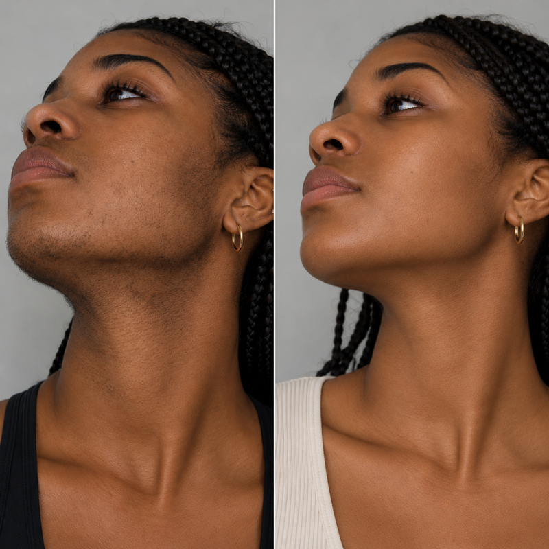 Résultat avant/après illustrant une cliente SweetLifty : comparaison de la pilosité du visage, du menton et du cou chez une femme, avec une peau visiblement plus lisse et sans poils apparents après