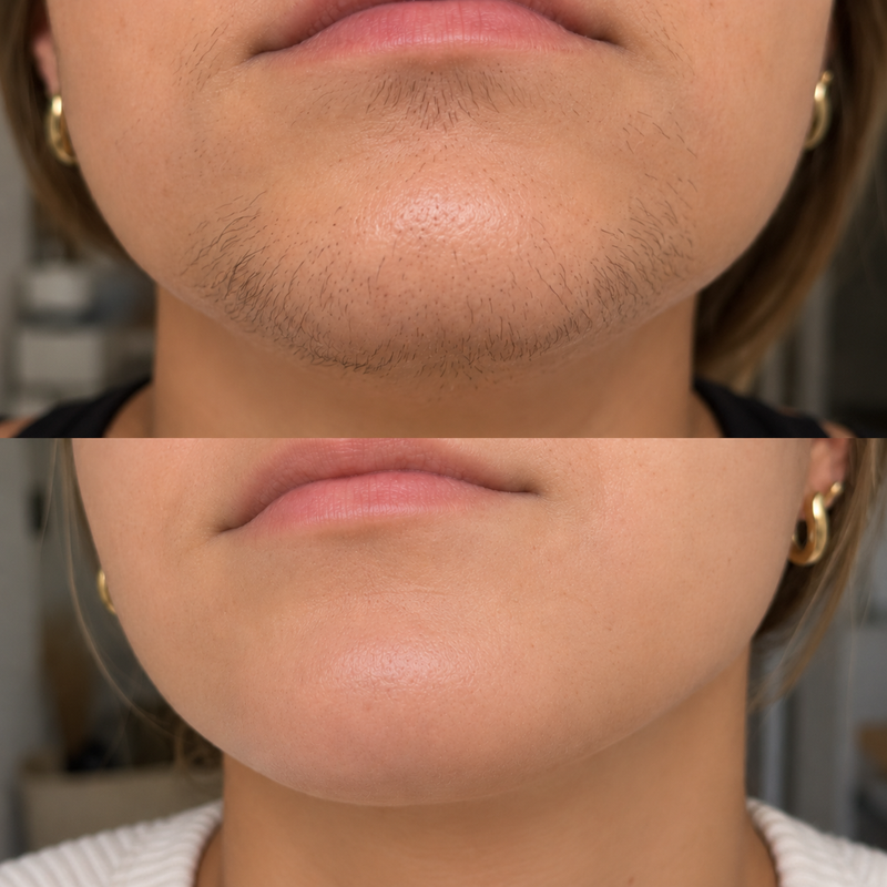 Résultat avant/après illustrant une cliente SweetLifty : comparaison de la pilosité du menton chez la femme, avec des poils visibles avant et une peau plus lisse, sans poils apparents, après