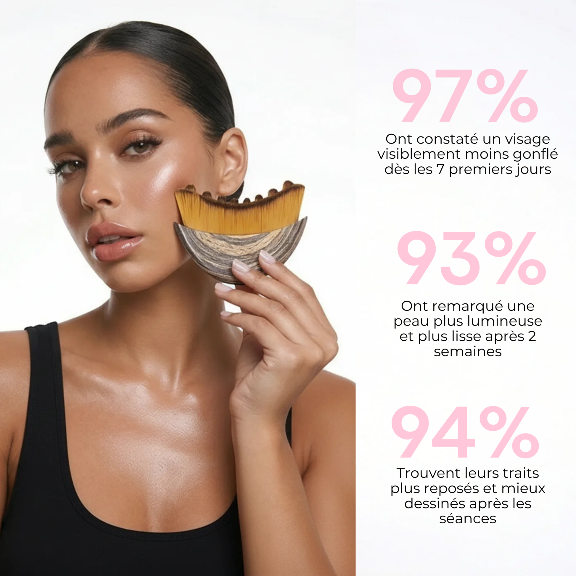 Résultats observés après utilisation de la brosse lymphatique SweetLifty avec un visage moins gonflé, une peau plus lumineuse et des contours du visage plus définis.