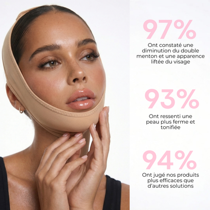 Résultats observés après utilisation de la gaine SweetLifty avec diminution de l'apparence du double menton, peau plus ferme et ovale du visage plus défini.
