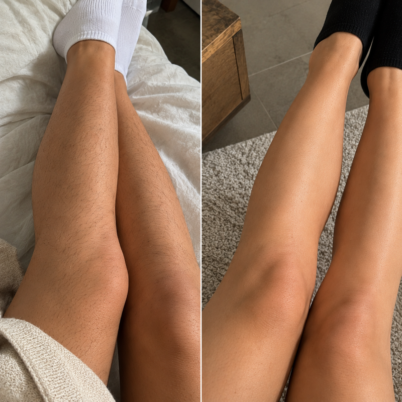 Comparaison avant après de la pilosité des jambes illustrant l'objectif du sérum anti-repousse SweetLifty : des poils moins visibles et une peau plus douce.