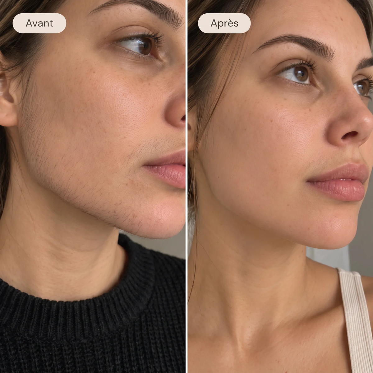 Comparaison avant/après du sérum anti-repousse SweetLifty sur le visage d'une femme. À gauche, une pilosité visible sur les joues et le menton. À droite, une peau à l'apparence plus lisse avec des poils moins visibles