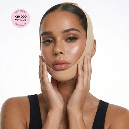Femme portant la gaine SweetLifty pour affiner l'ovale du visage et réduire l'apparence du double menton.