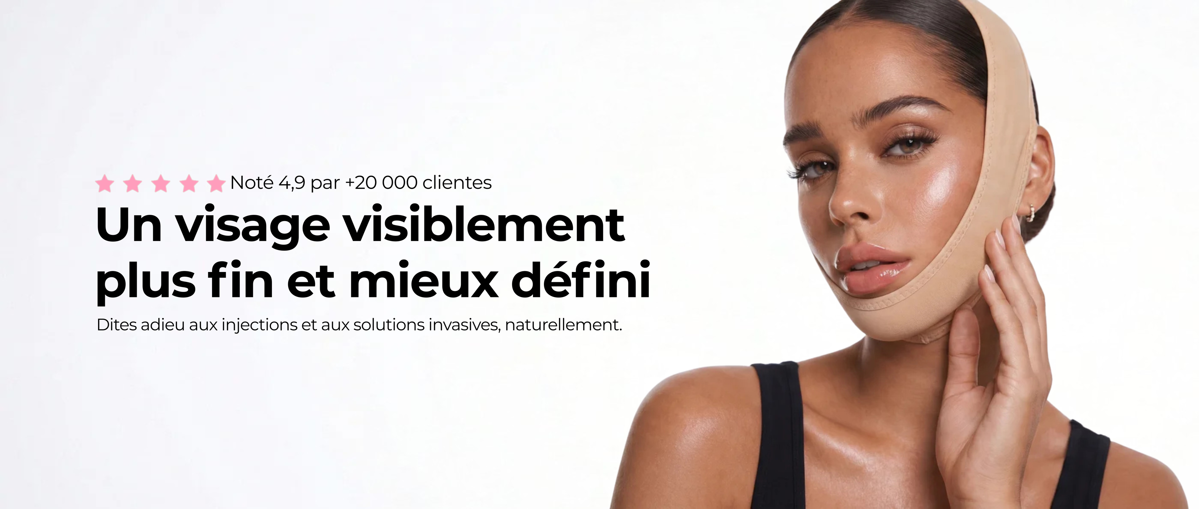 Femme portant la gaine SweetLifty pour redessiner l'ovale du visage et réduire l'apparence du double menton.