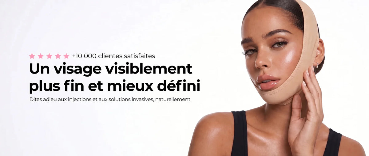 Femme portant la gaine SweetLifty pour redessiner l'ovale du visage et réduire l'apparence du double menton.